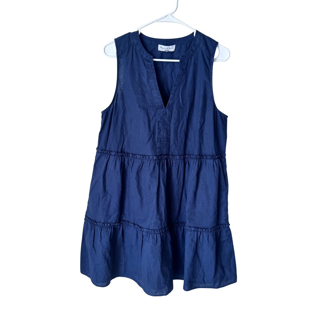 Michael Stars Navy Blue Linen Cotton Tiered Sleeveless Mini Dress WNT025 Mens M